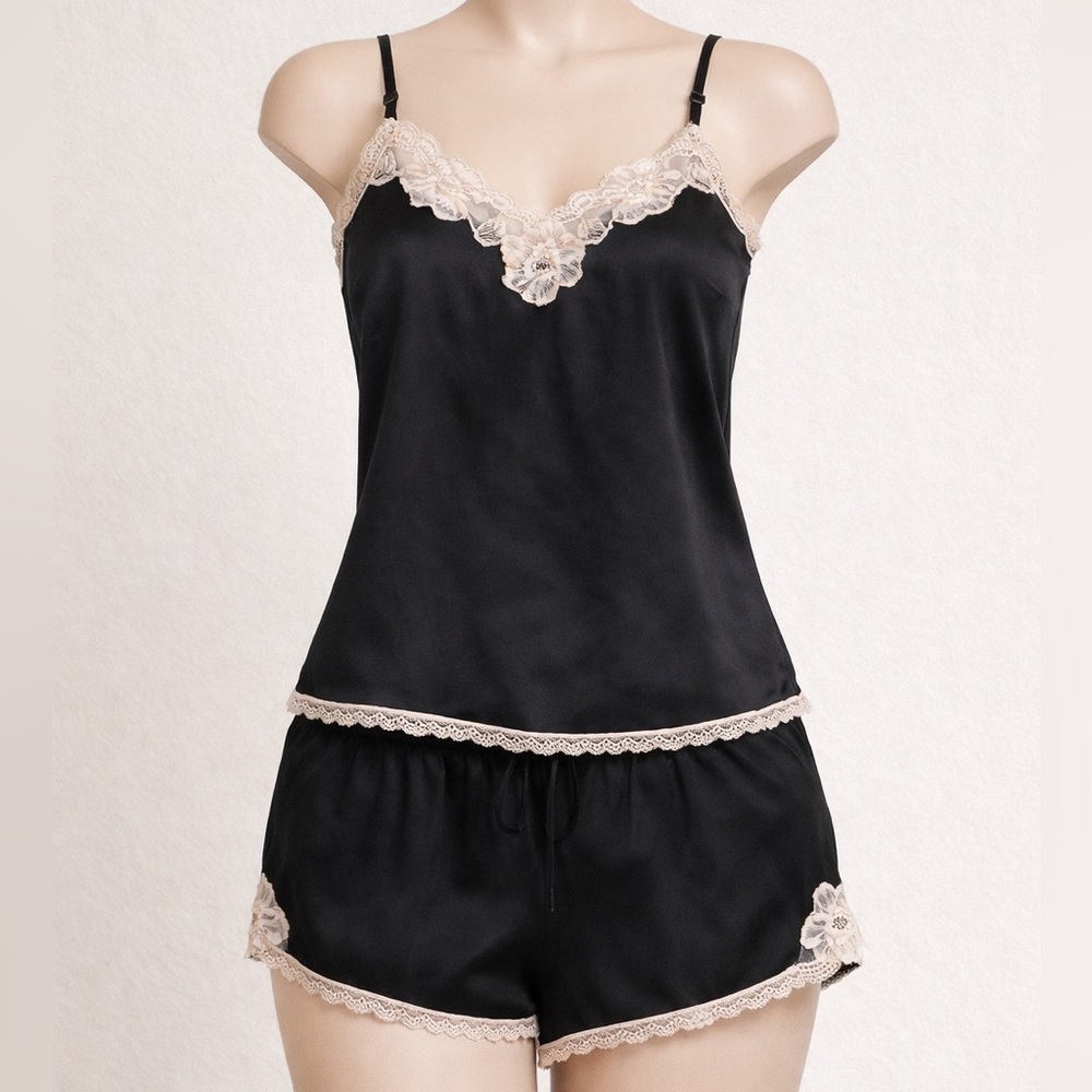 Victoria’s Secret Black and Cream Lace-Trim Cami & Short Sleep Set S